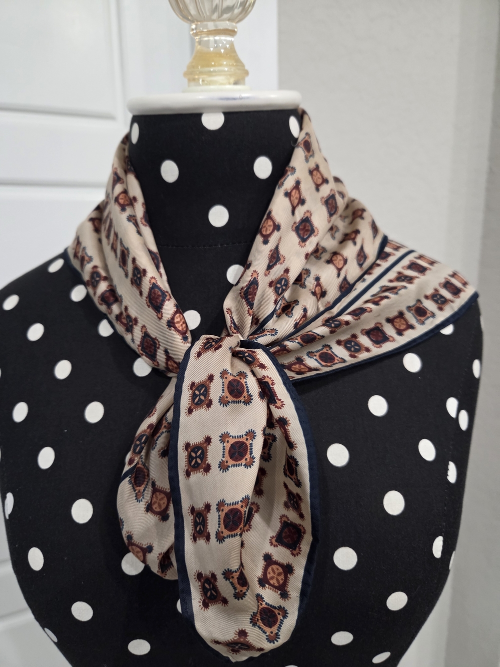 Echo Beige Patterned Silk-Feel Square Scarf - 22" X 22"